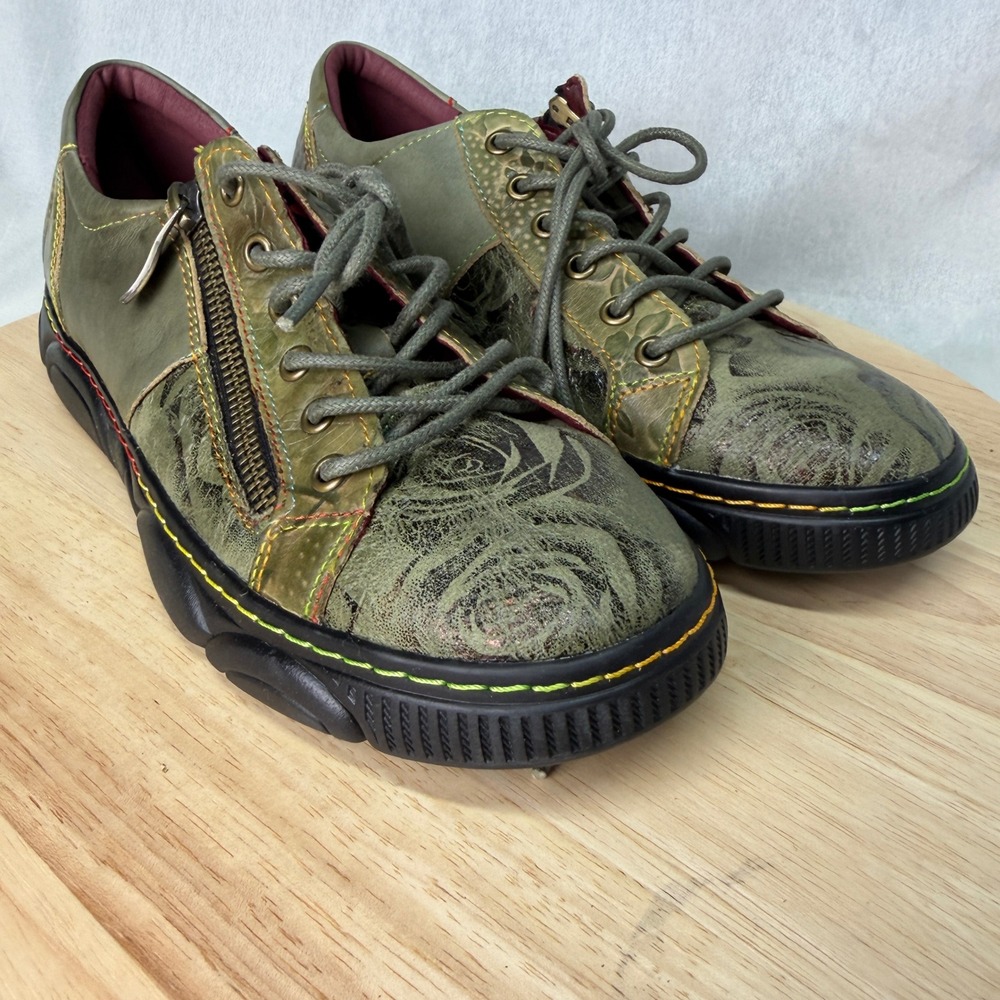 SPRING STEP L'ARTISTE Danli Bloom Olive Leather Floral Sneakers Size 38